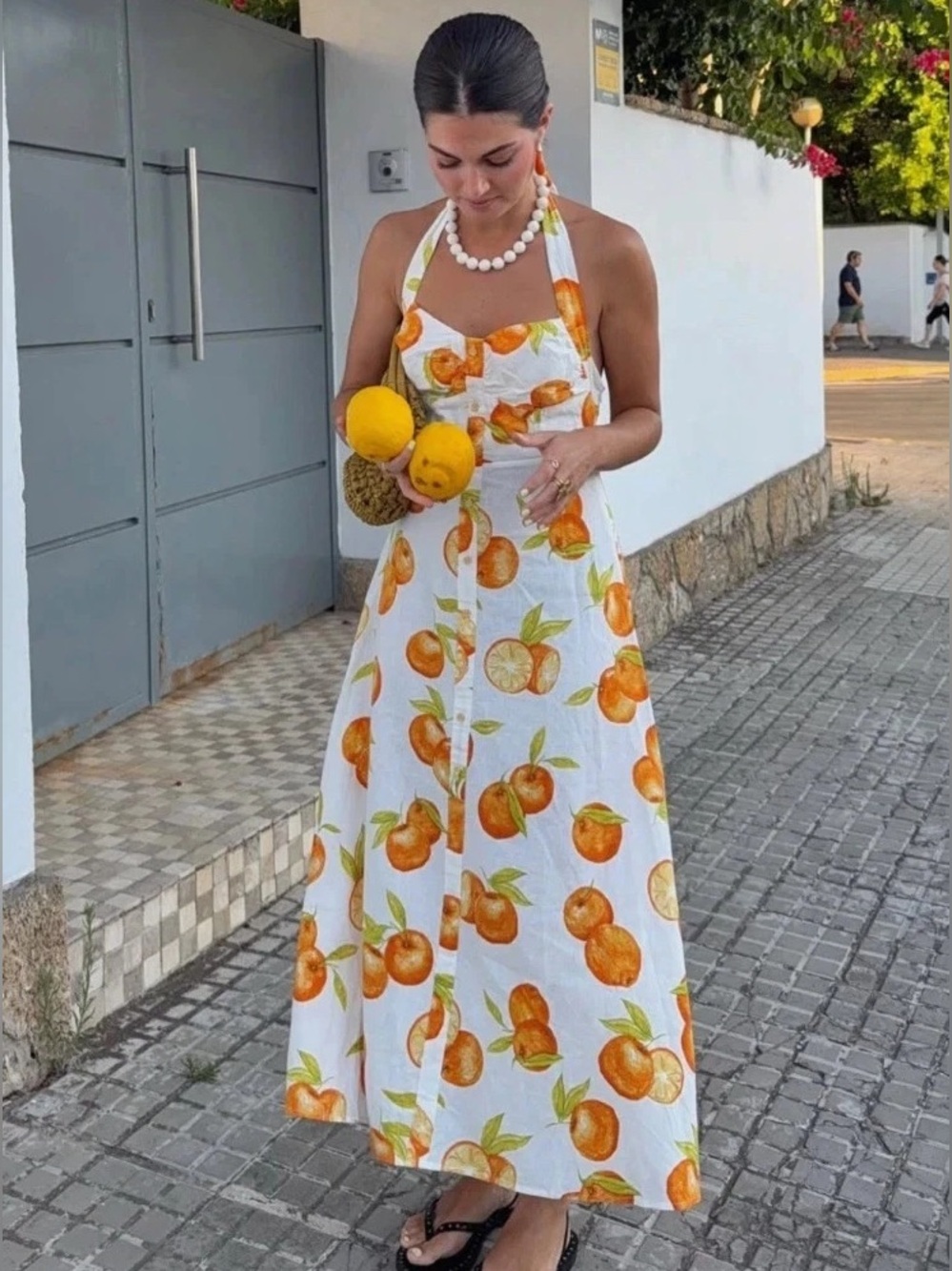 Zara White Linen Halter Maxi Dress with Orange Print